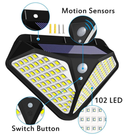 Lampa solara de perete 102 LED cu senzor de miscare – 12-30